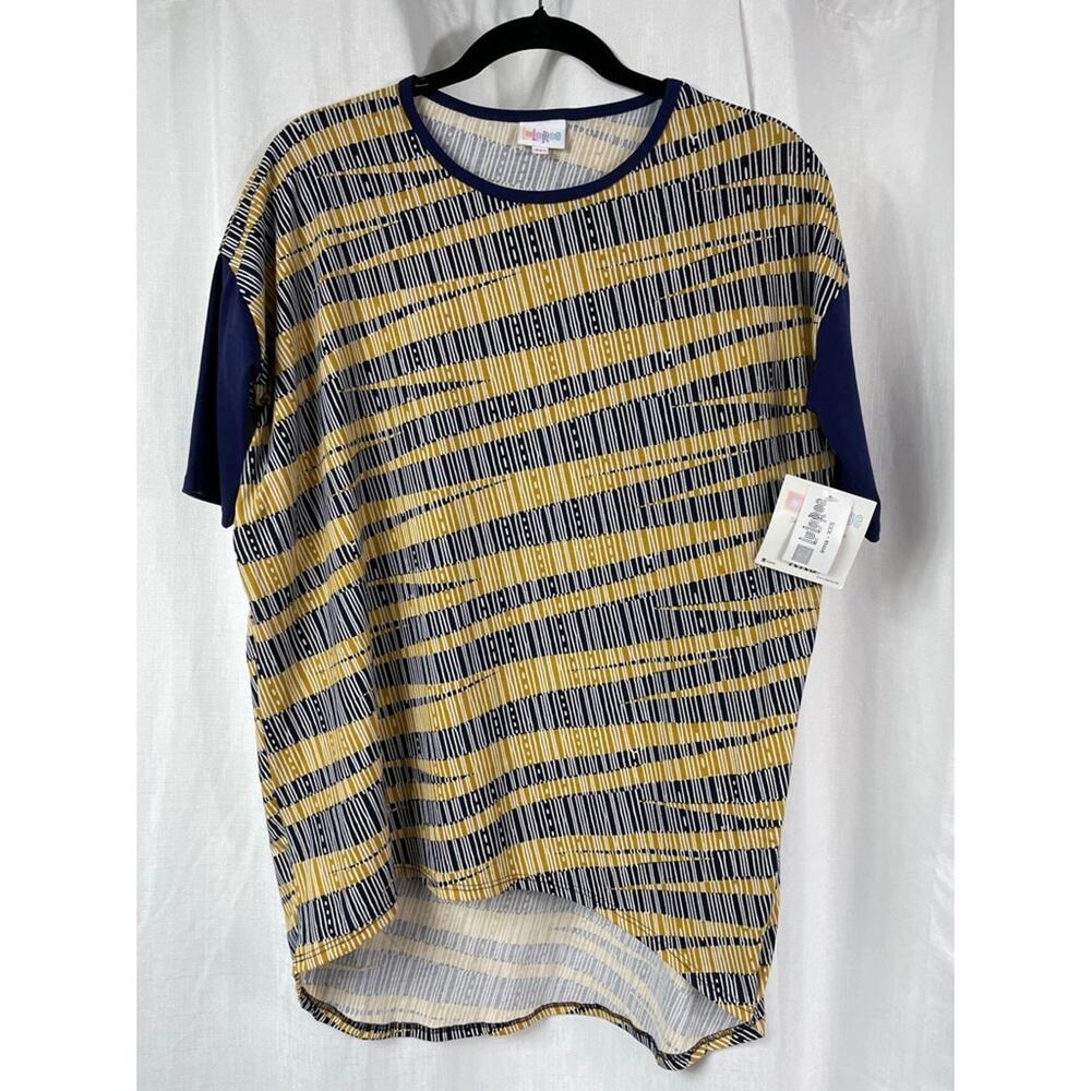 LuLaRoe Irma Top Striped Oversized Short Sleeve Blue Yellow